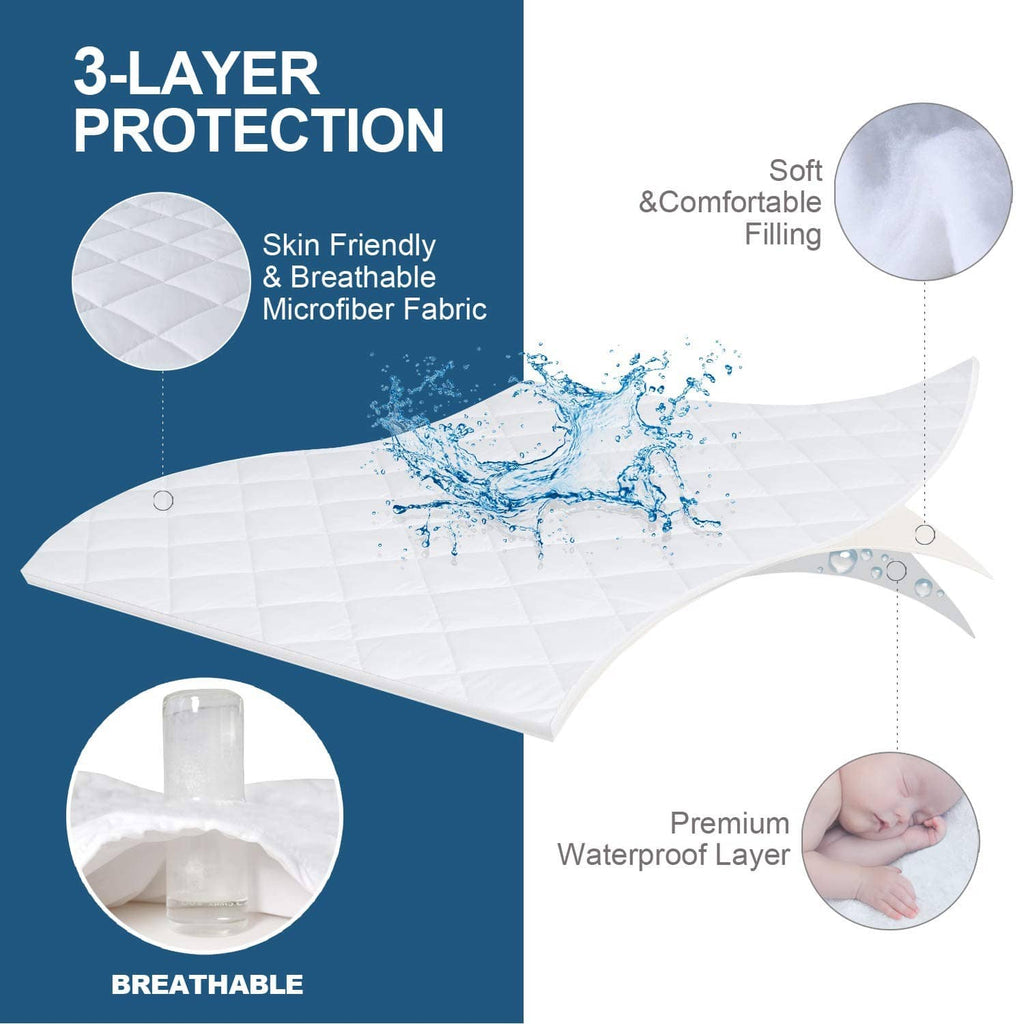 White twin mattress pad protector with 3-layer protection and waterproof layer