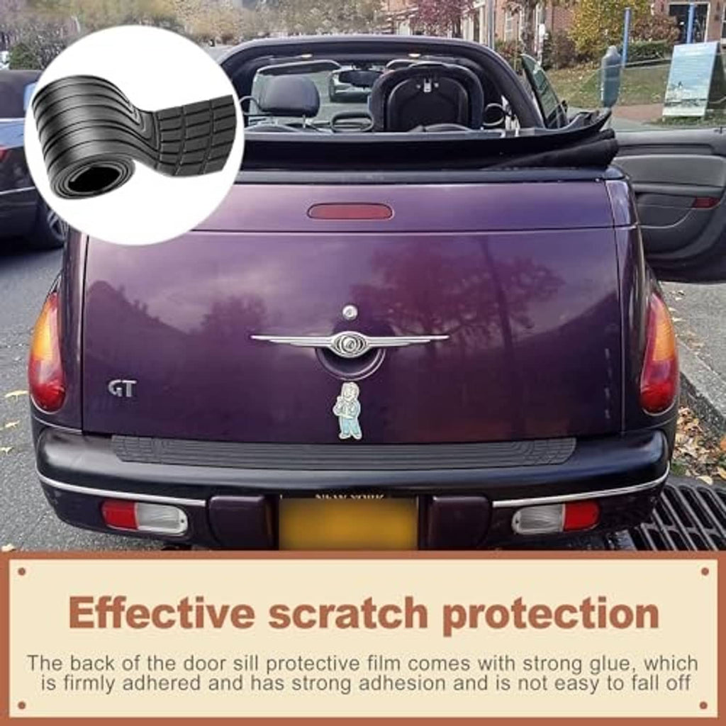 Rear bumper protector film installed on car trunk sill, covering the lower edge.