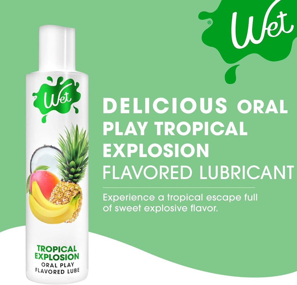 Tropical Explosion oral play flavored lubricant bottle with tropical fruit label