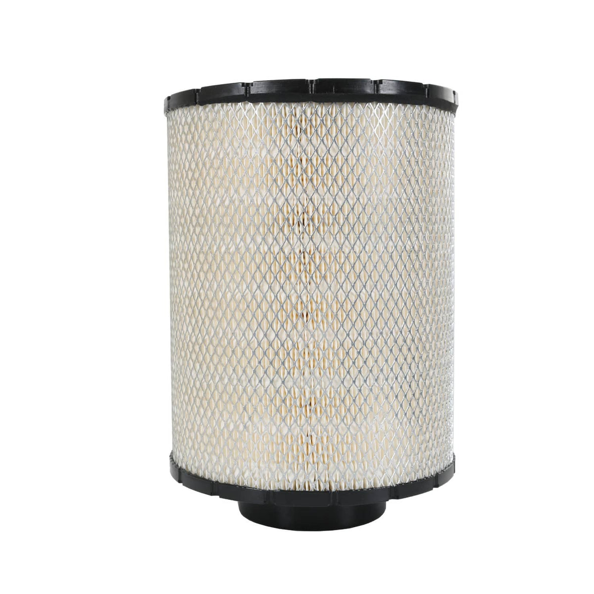 Cylindrical air filter with white pleated media and black end caps