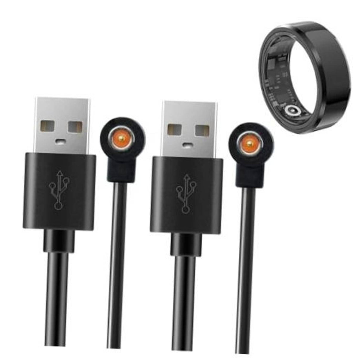 Two-pack magnetic smart ring charger cables with black USB plugs and magnetic pins