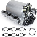 Silver intake manifold assembly with black valve actuator and mounting brackets