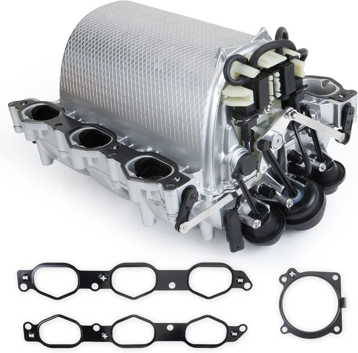 Silver intake manifold assembly with black valve actuator and mounting brackets