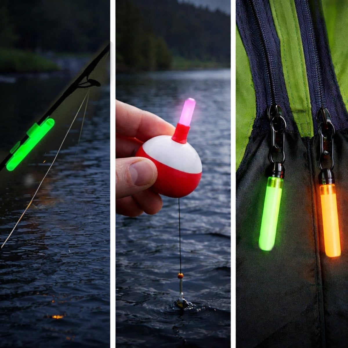 Fishing glow sticks in hand and on a line, plus mini glow sticks on a pouch