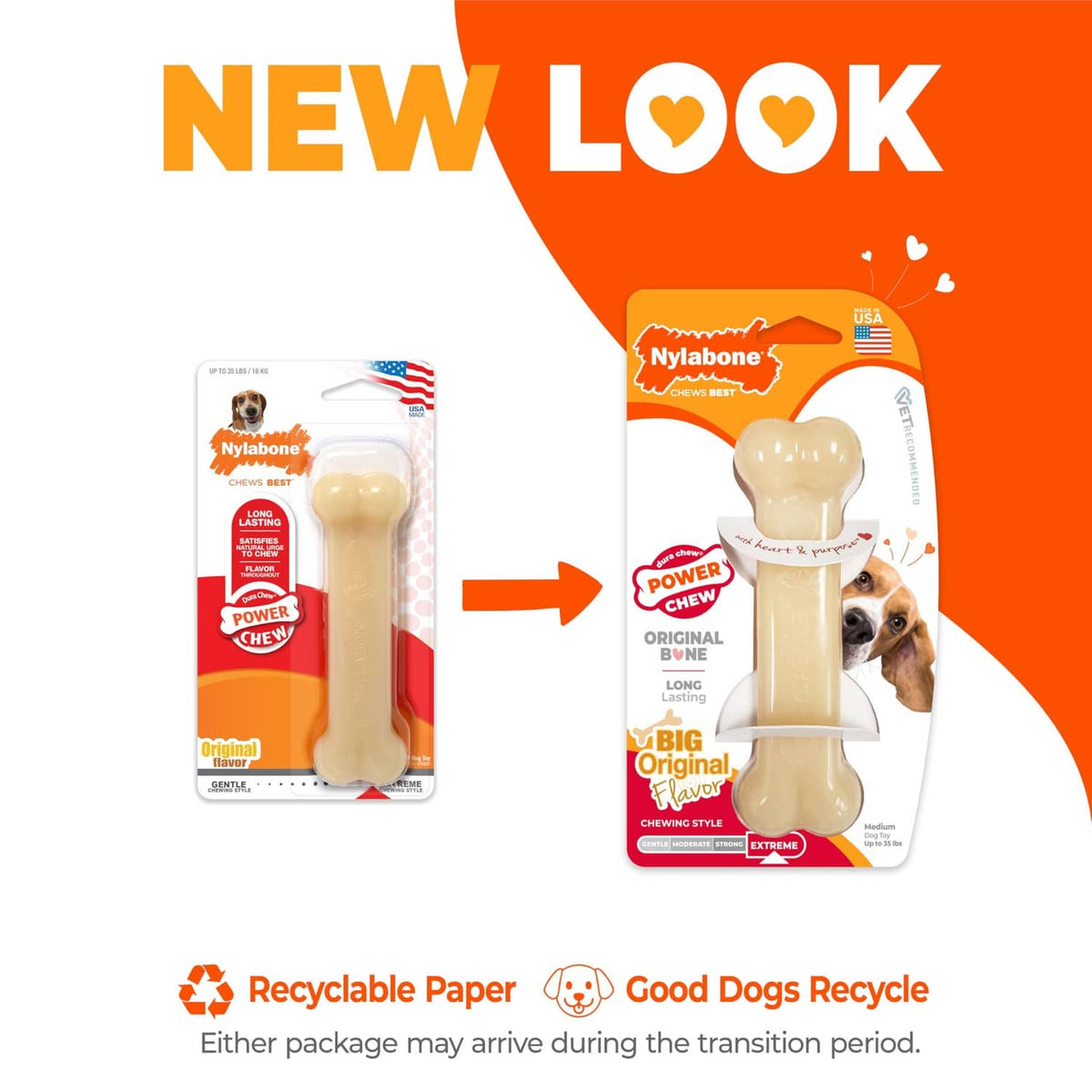 Nylabone Power Chew bone-shaped nylon dog chew toy retail package with recycable paper info