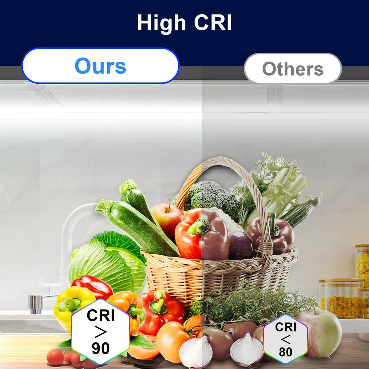 LED under-cabinet strip light showing high CRI lighting performance