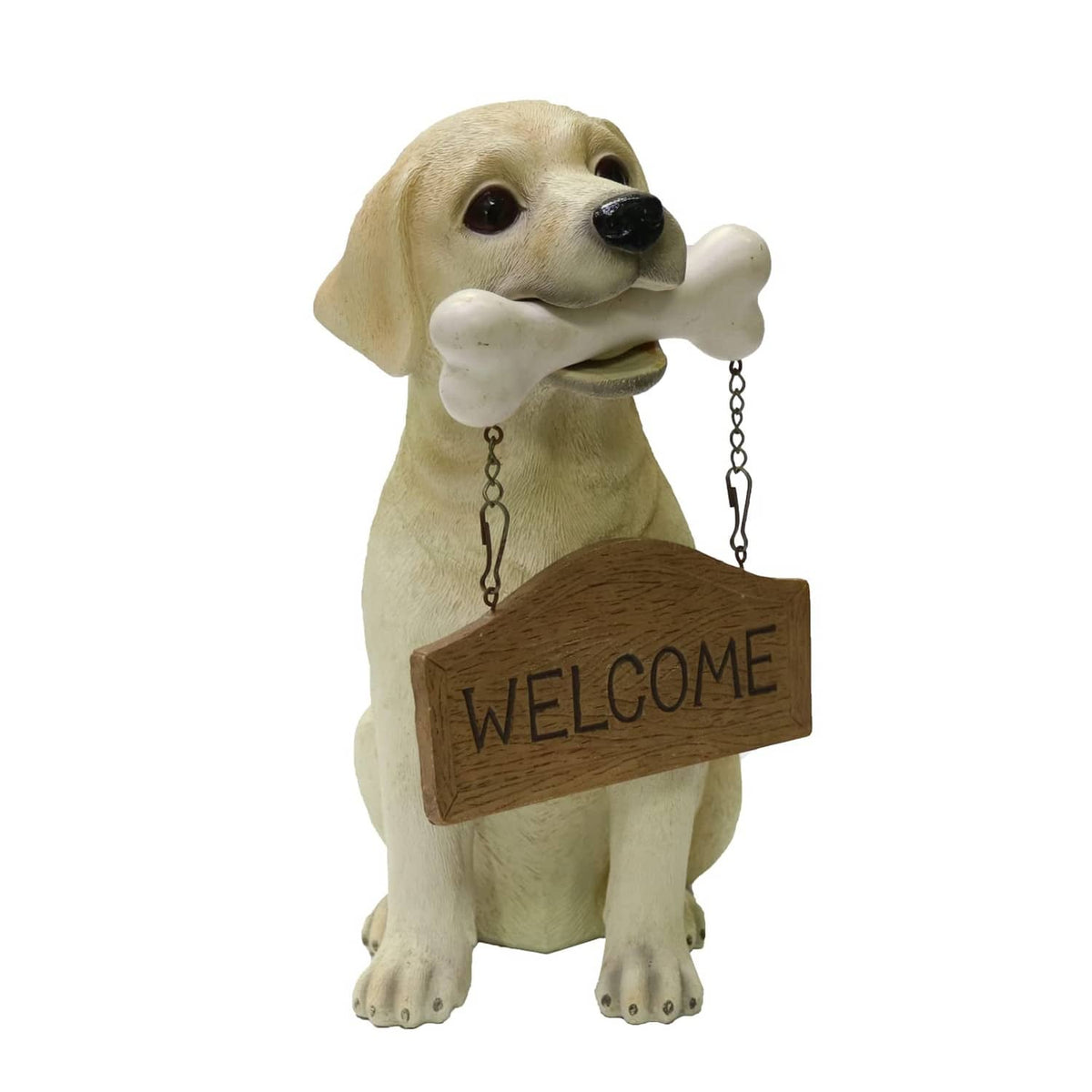 Tan Labrador puppy statue holding a white bone and a hanging “WELCOME” sign