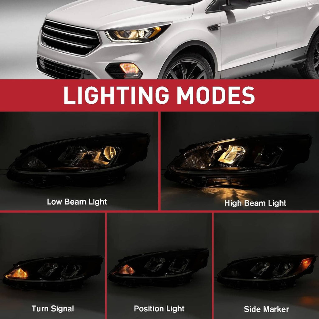Left halogen headlight showing low beam, high beam, turn signal, and side marker light areas