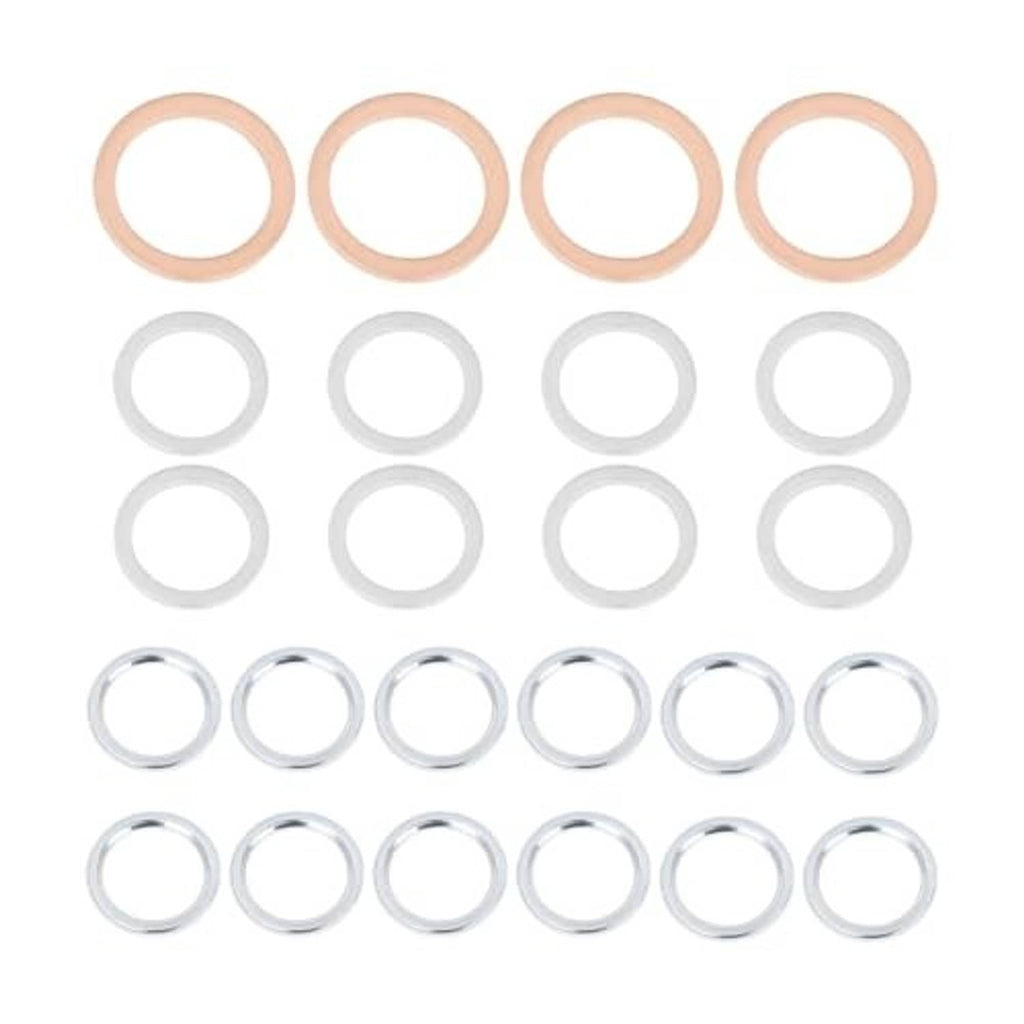 Assorted crush washer gaskets with copper, white, and silver circular rings