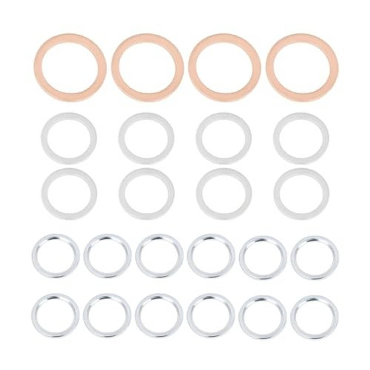 Assorted crush washer gaskets with copper, white, and silver circular rings