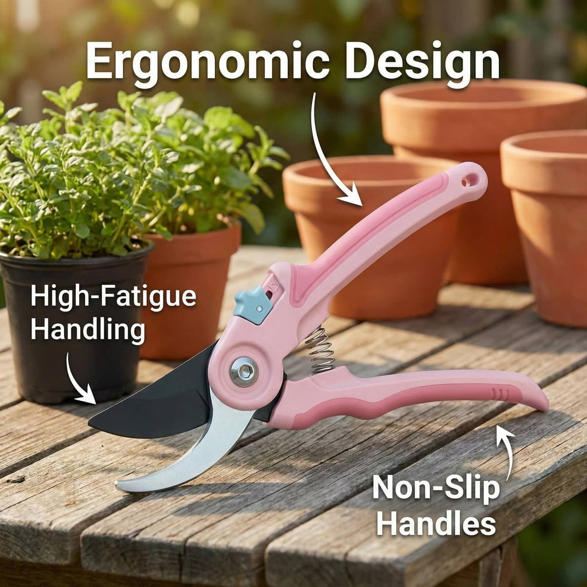 Pink ergonomic pruning shears with non-slip handles and curved grip
