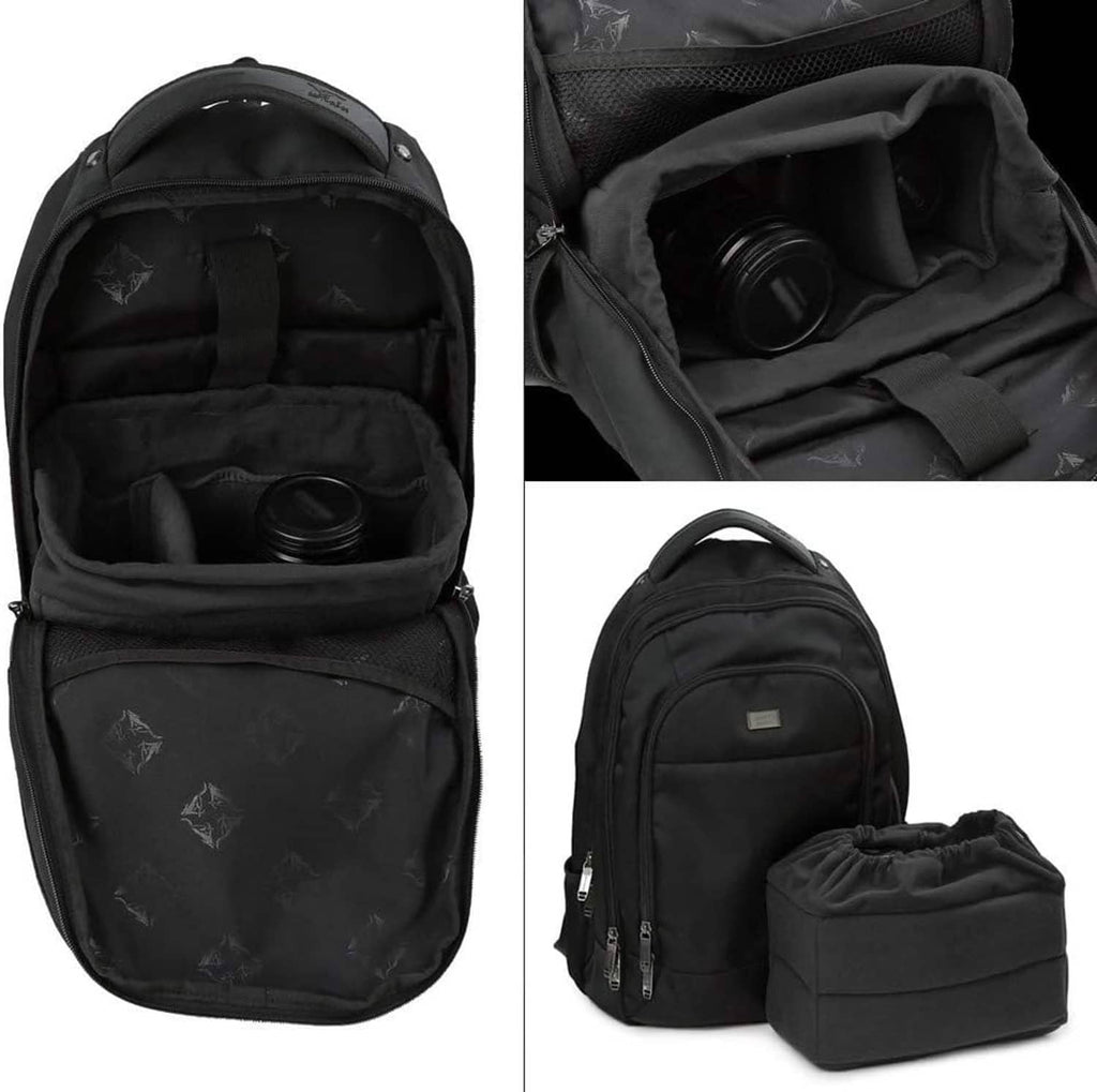 Black camera backpack with padded interior and zip compartments for lens gear