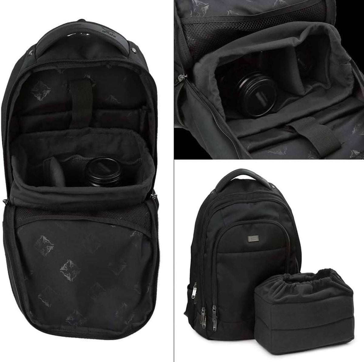 Black camera backpack with padded interior and zip compartments for lens gear