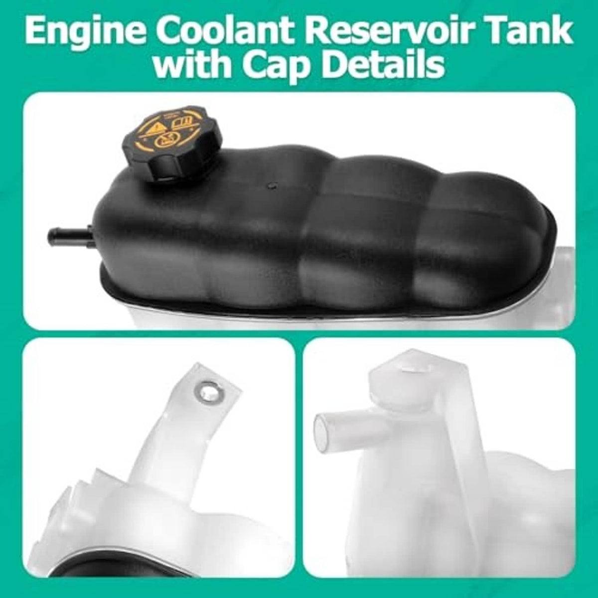 Engine coolant reservoir tank with cap, black top and translucent white body