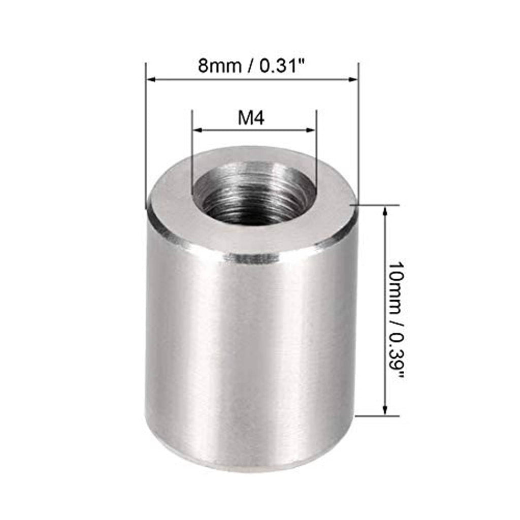 Stainless steel M4 coupling nut, 10mm high round cylinder with internal thread