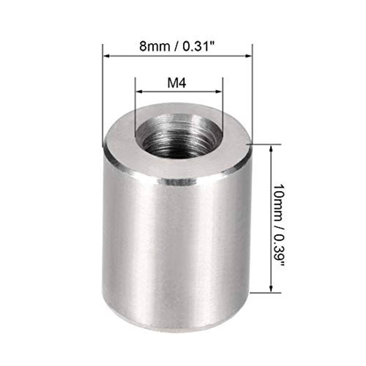 Stainless steel M4 coupling nut, 10mm high round cylinder with internal thread