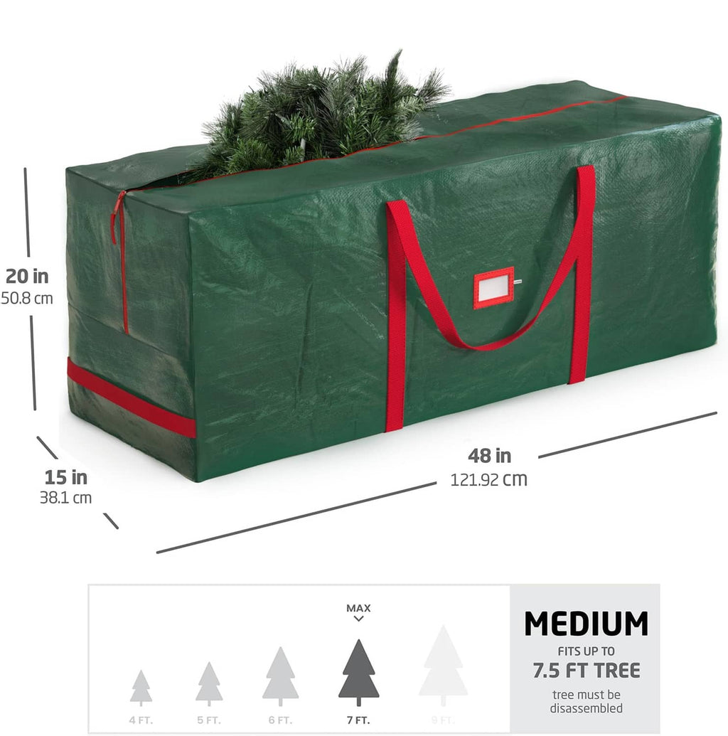 Green Christmas tree storage bag with red handles and dimension markings