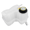 White engine coolant reservoir tank with pressure cap and outlet hose spout