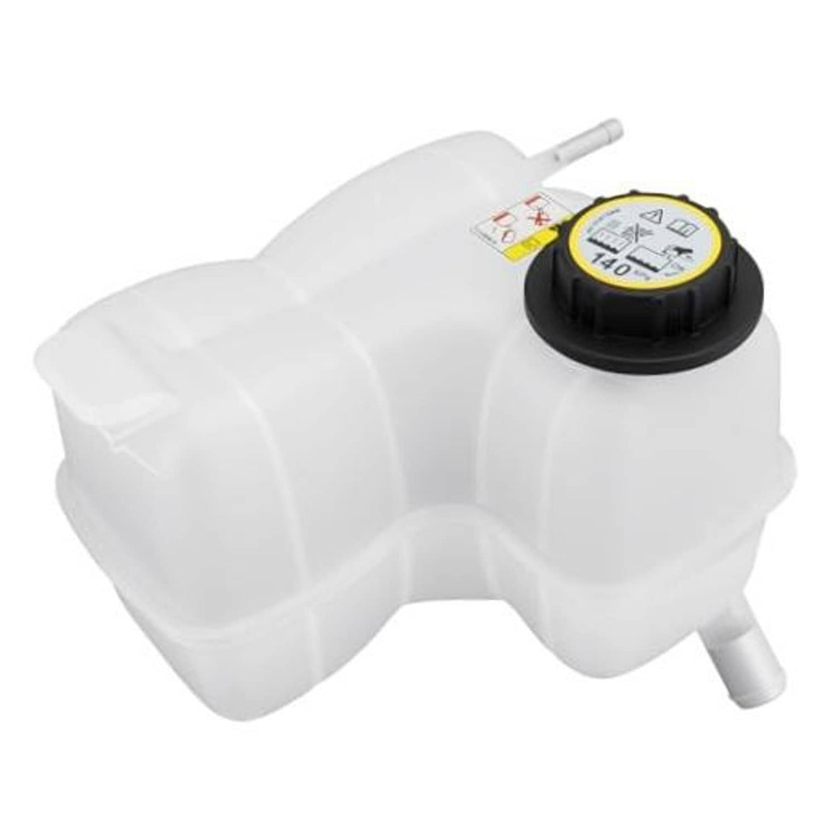 White engine coolant reservoir tank with pressure cap and outlet hose spout