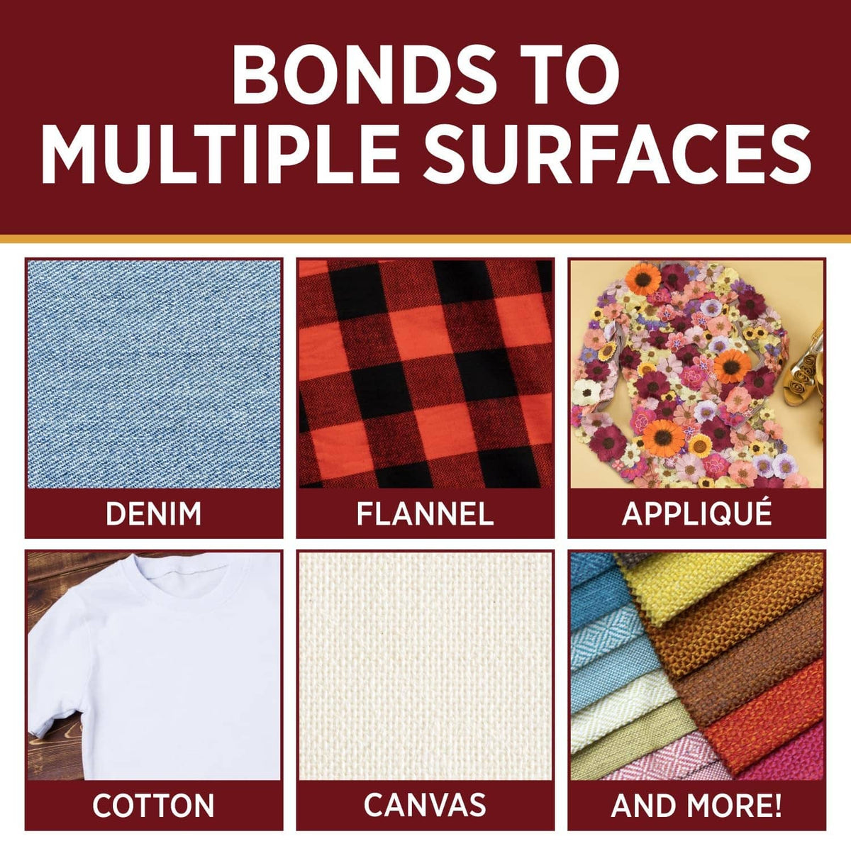 Aleene's Fabric Fusion adhesive with fabric swatches for denim, flannel, appliqué, cotton, canvas