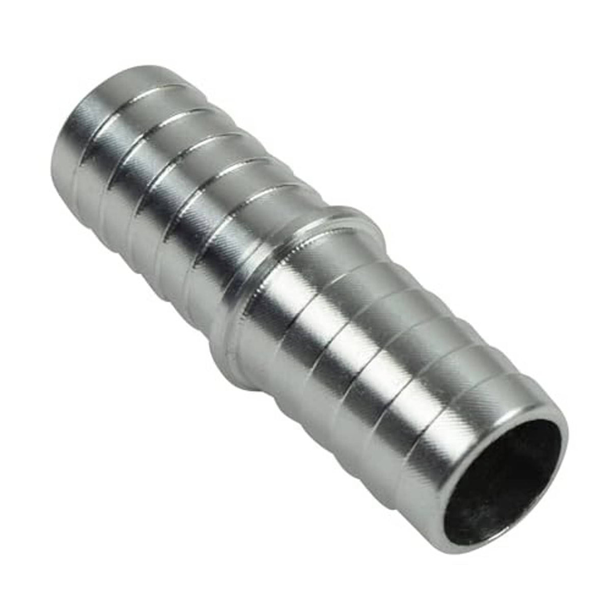 Hose barb splice coupler adapter, silver metal connector with black end bore