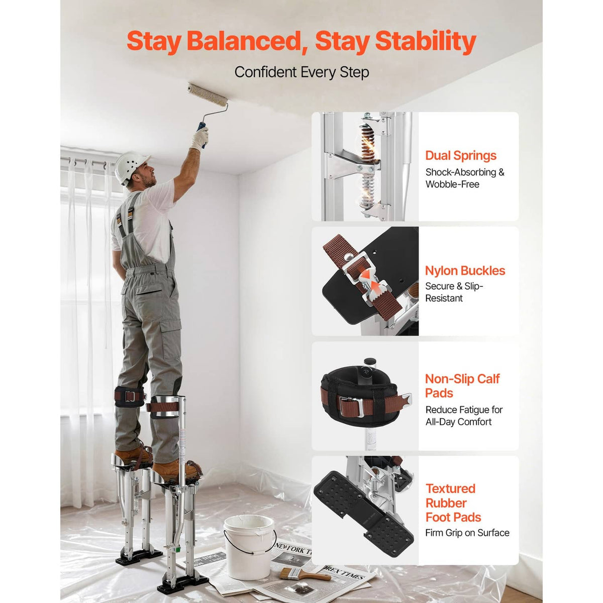 Adjustable drywall stilts with calf support pads, side straps, and spring legs