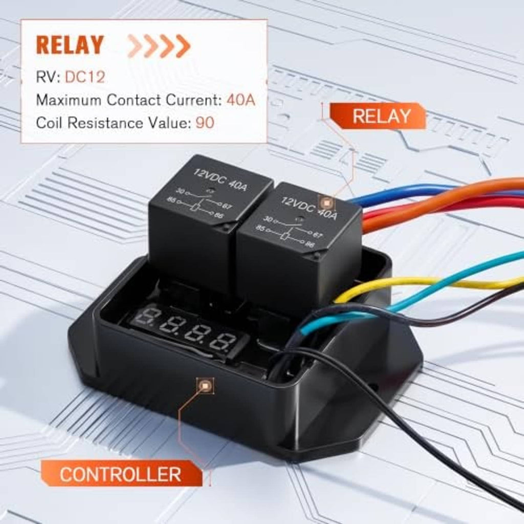 Radiator fan controller relay module with LED numeric display and insulated wiring leads