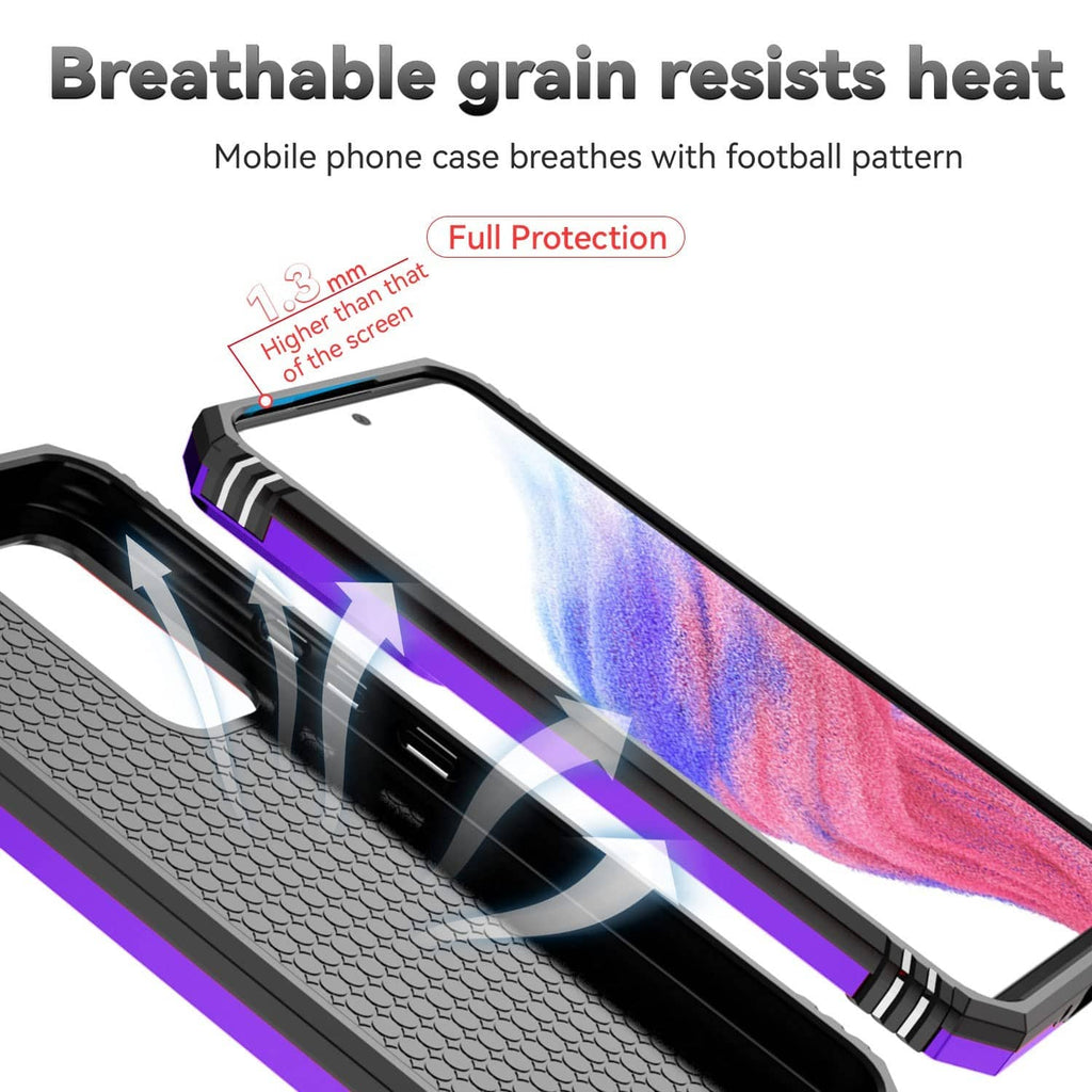 Purple rugged phone case with vented texture and protective bumper edges