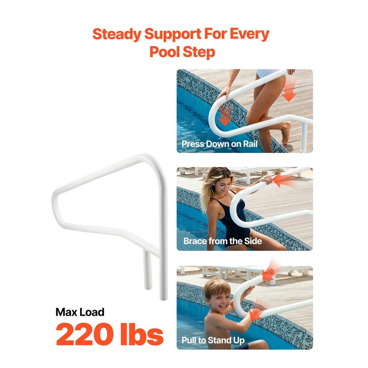 Milky white stainless steel pool handrail with curved step-side support bars