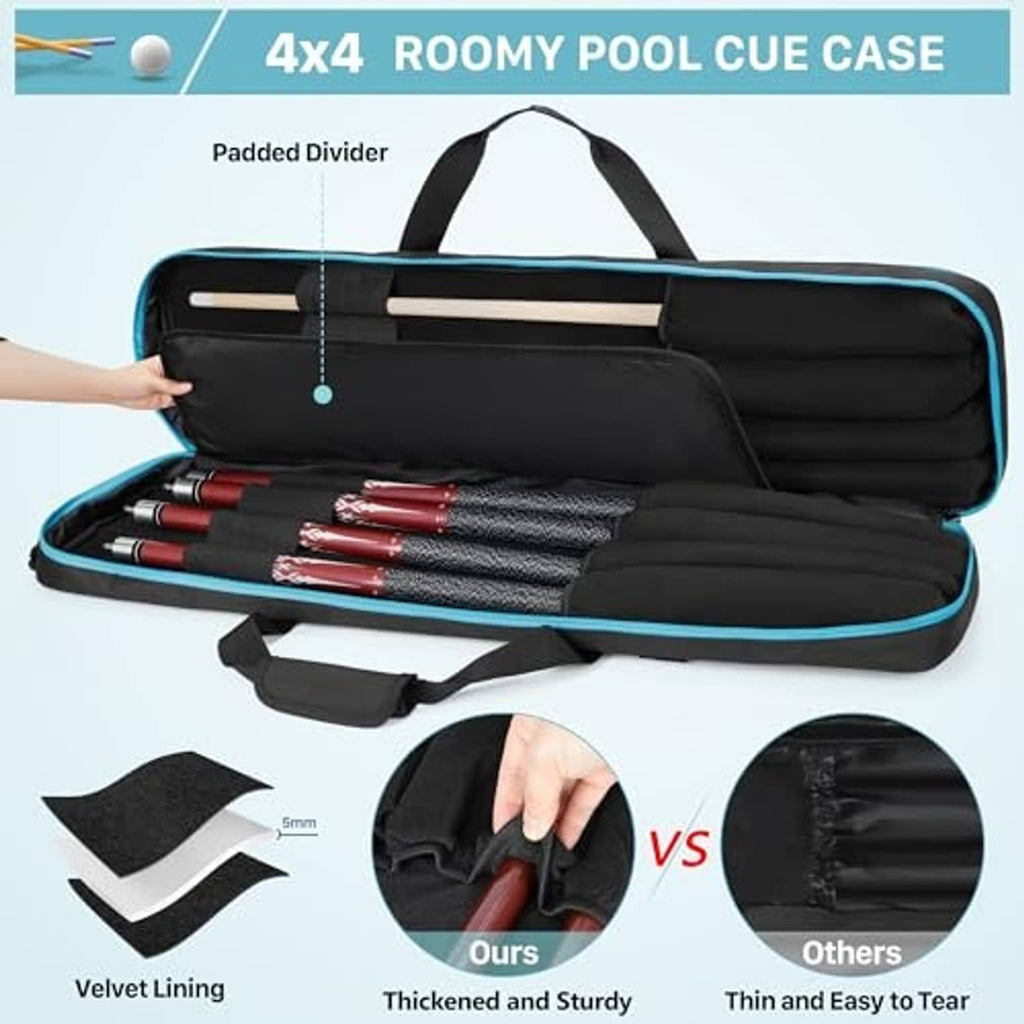 Black pool cue case with blue trim, open padded interior with thick divider panels