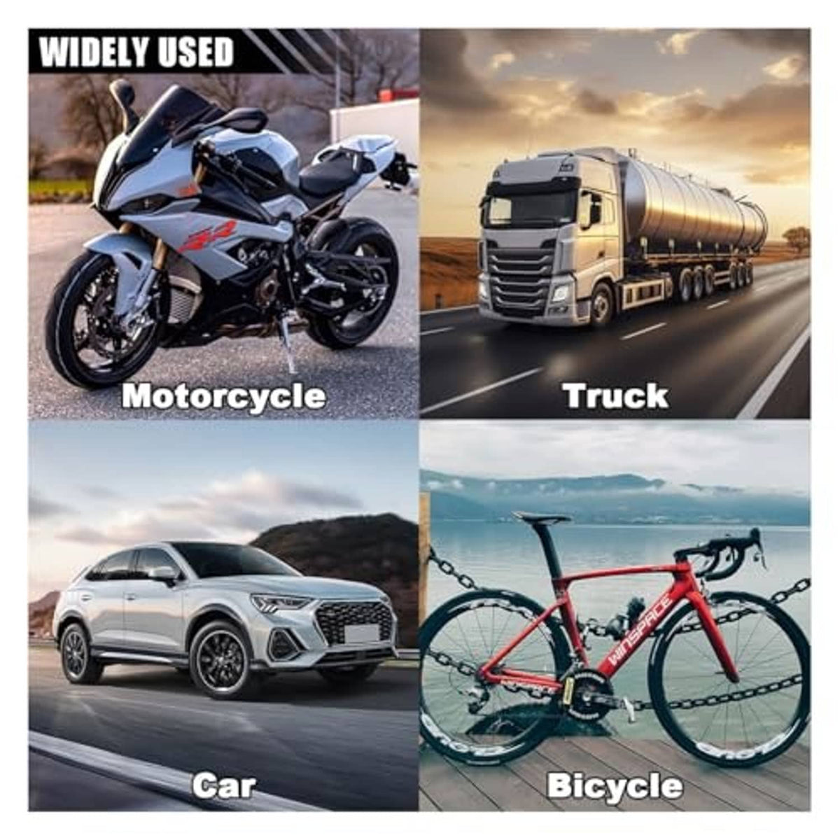 Vehicles collage featuring motorcycle, truck, car, and bicycle
