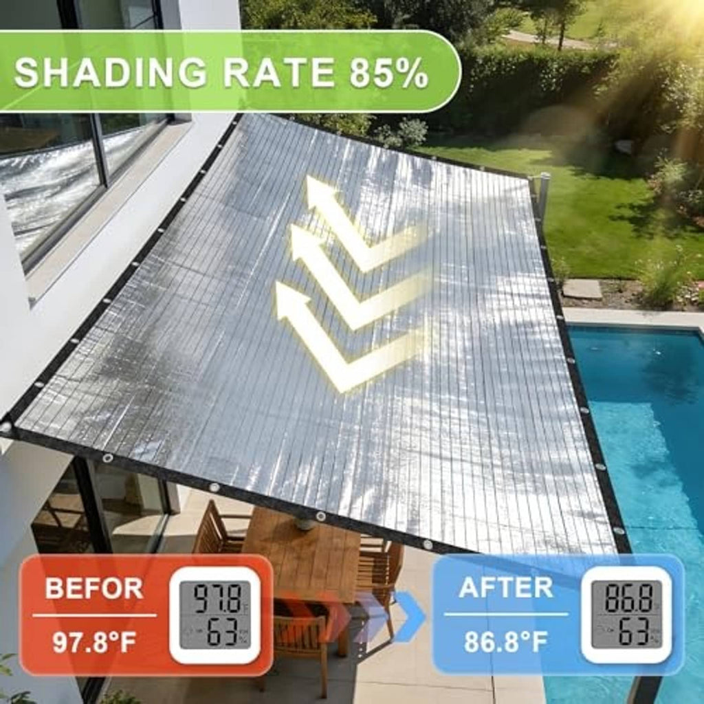 Silver reflective shade cloth tarp over patio frame, black border with grommets