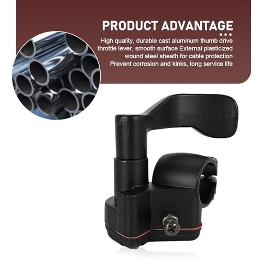 Black thumb throttle handle with ribbed lever and mounting base, red accent wire