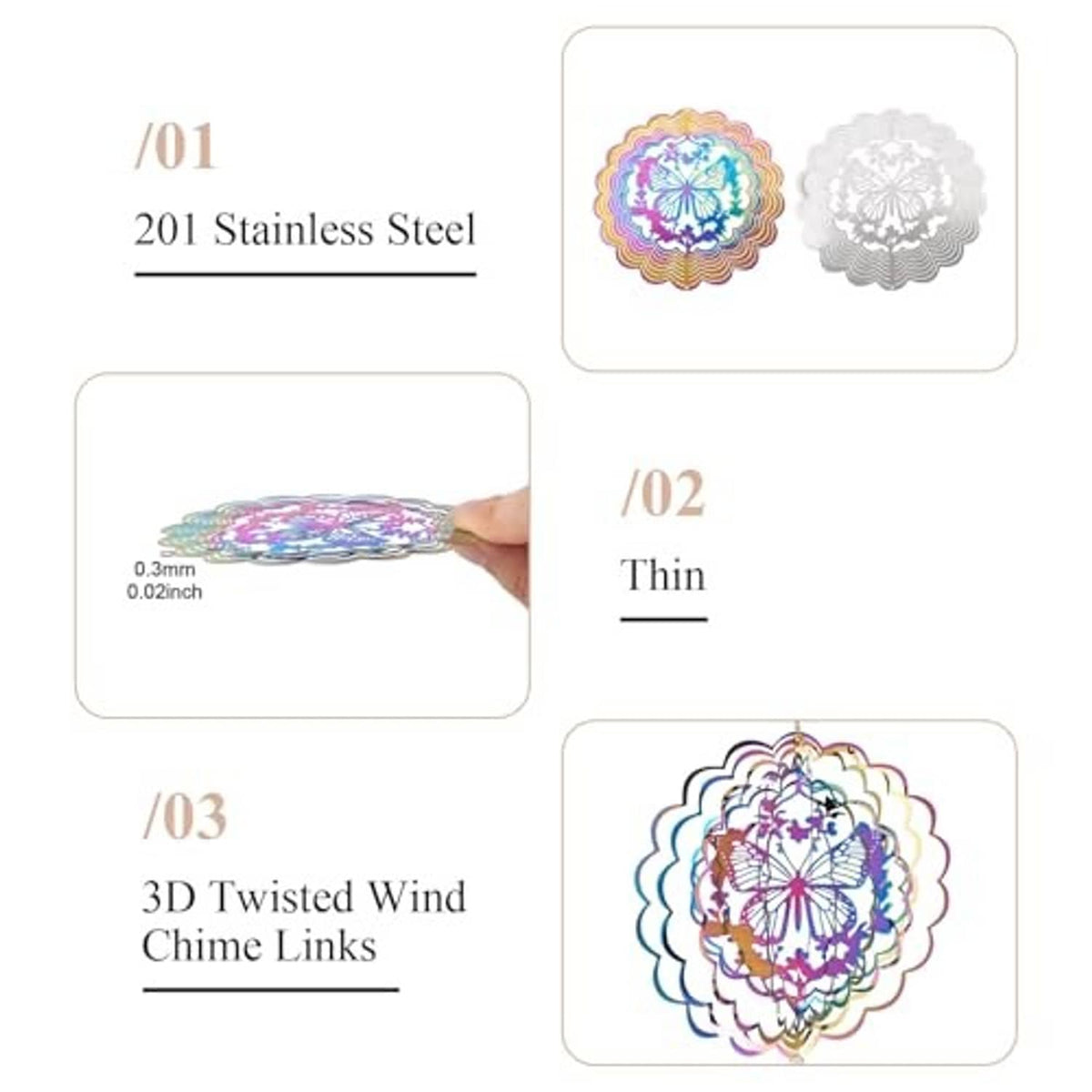 Butterfly wind spinner features: two stainless steel discs and thin reflective design