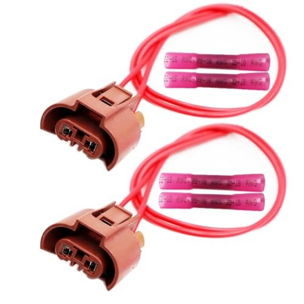 Brown low-beam lamp connector set with red wiring and purple heat-shrink labels