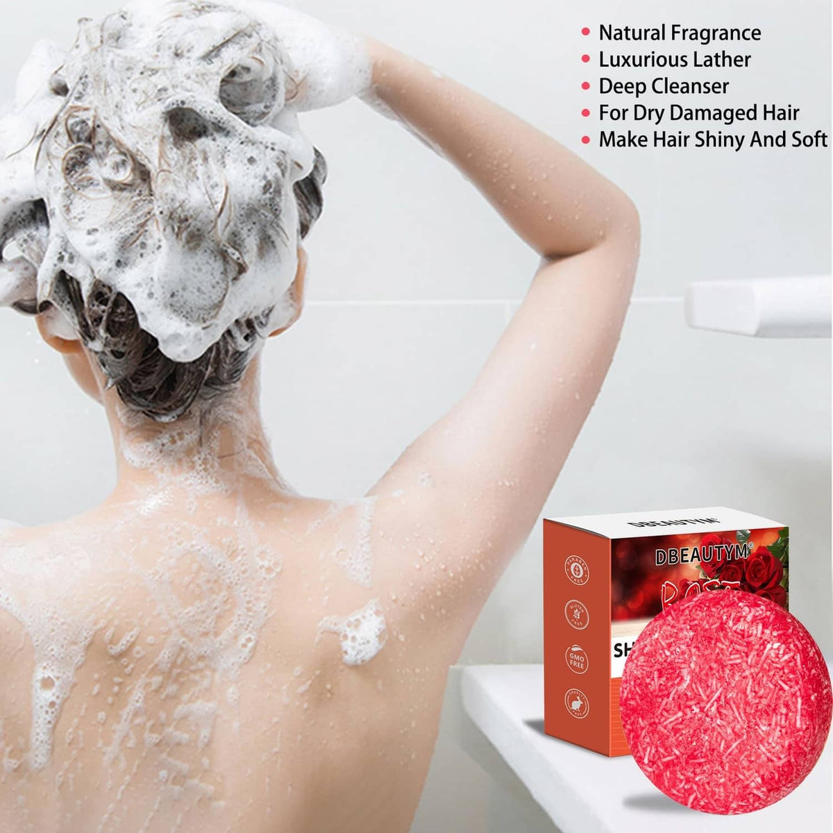 Red rose shampoo bar soap with foamy lather shown in use