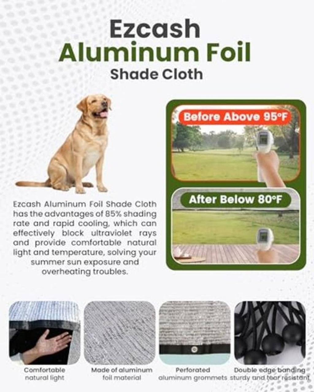 Aluminum foil shade cloth with infographic panels about temperature reduction