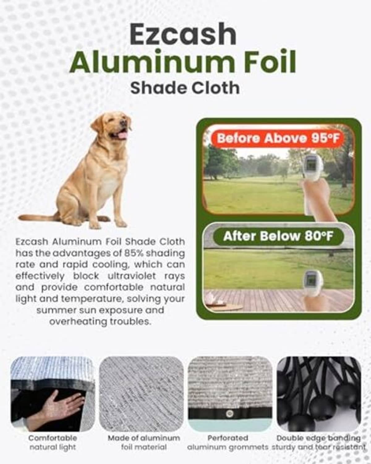 Aluminum foil shade cloth with infographic panels about temperature reduction