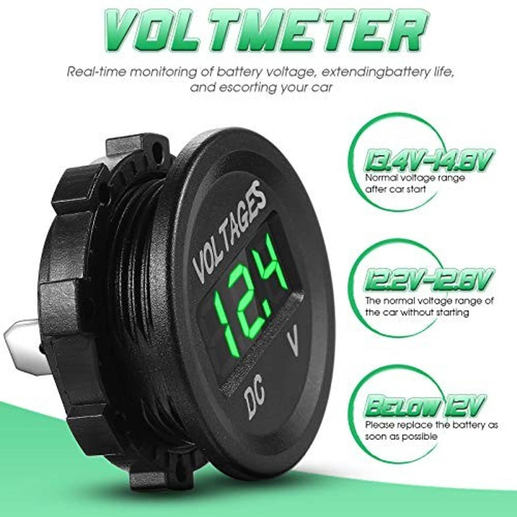 Side view DC voltage gauge with green LED voltmeter display and mounting clip
