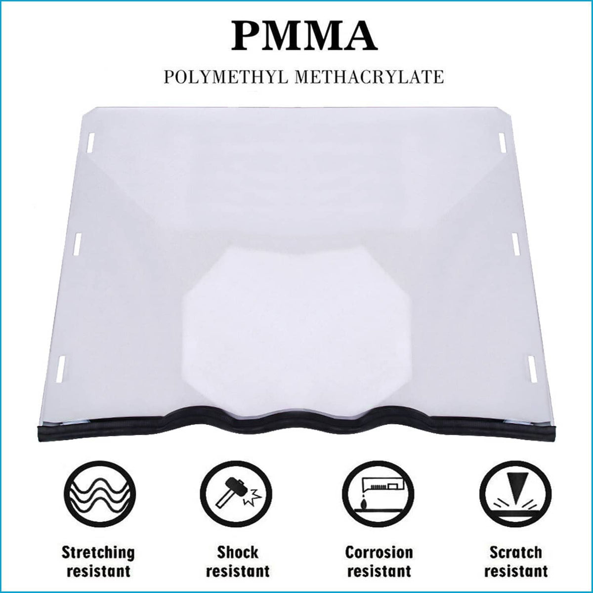UTV full windshield windscreen material panel labeled PMMA with durability icons