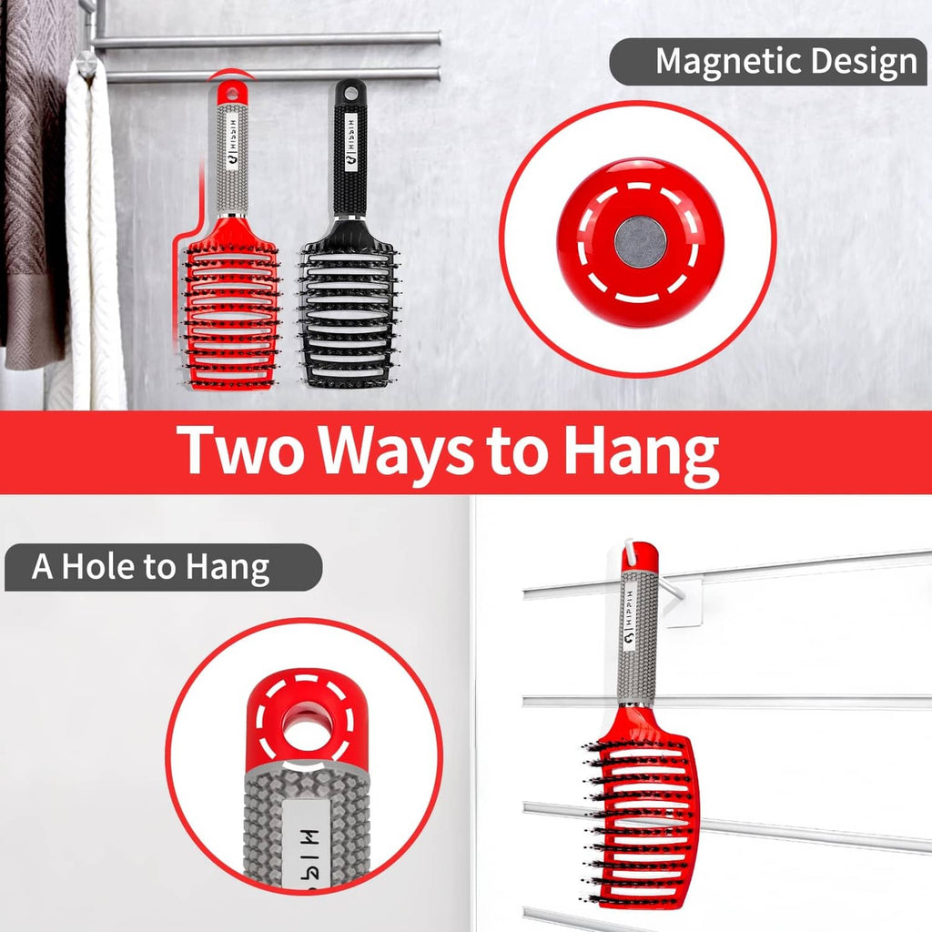Hair brush with magnetic hanging design; red bristle head and black handle