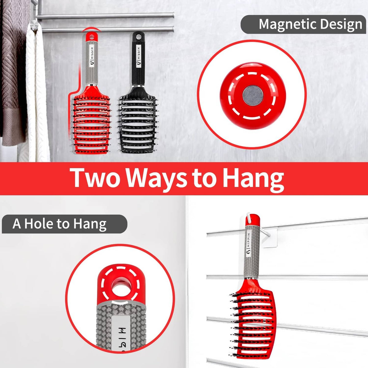 Hair brush with magnetic hanging design; red bristle head and black handle