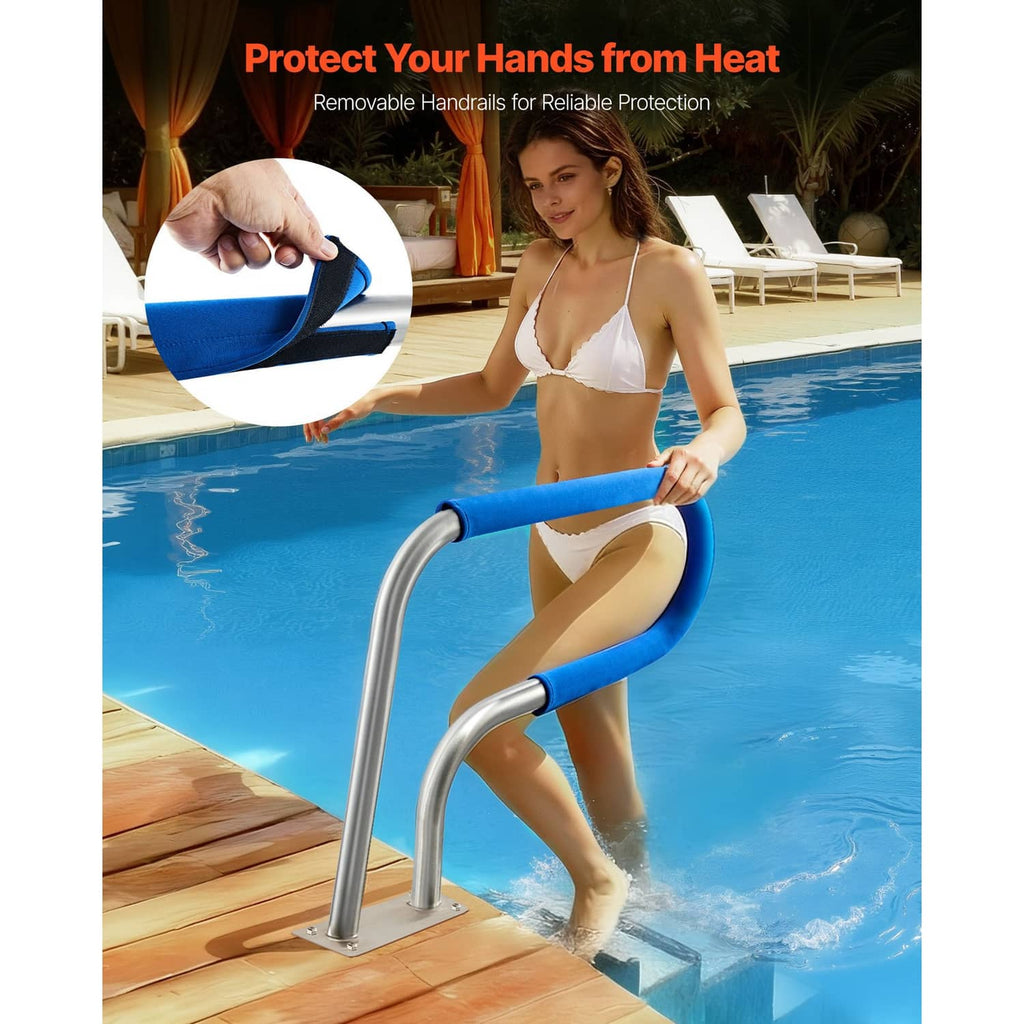Pool handrail with blue foam grip covers on stainless steel curved bars and base plates
