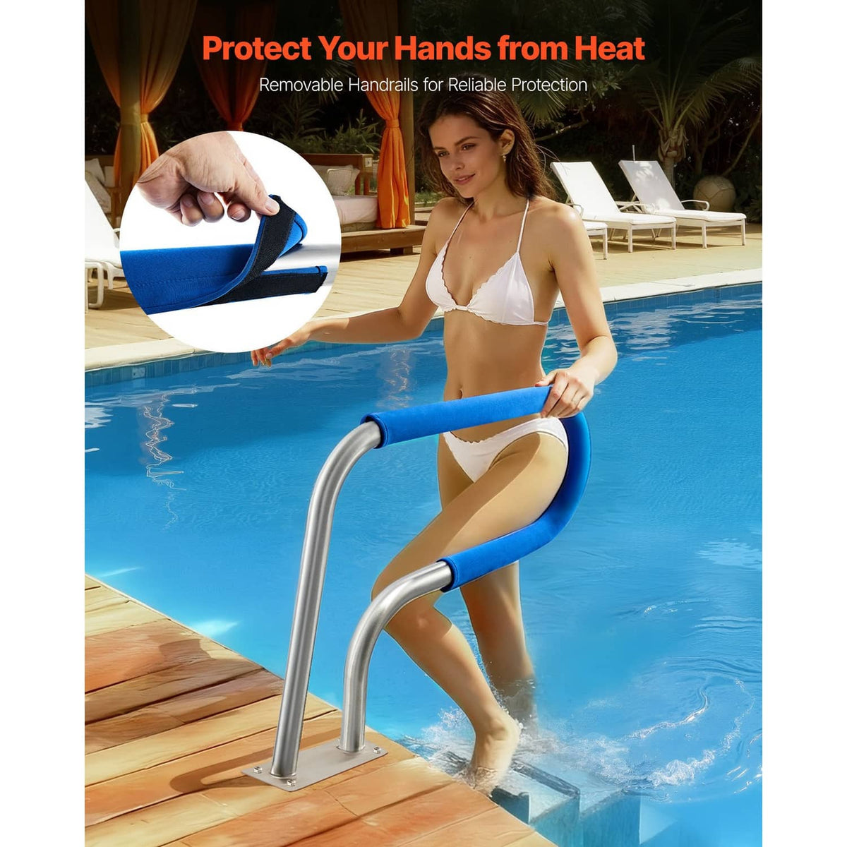 Pool handrail with blue foam grip covers on stainless steel curved bars and base plates