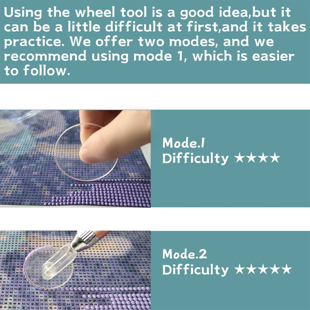 Diamond painting wheel tool in use, clear grooved wheel rolling along beads