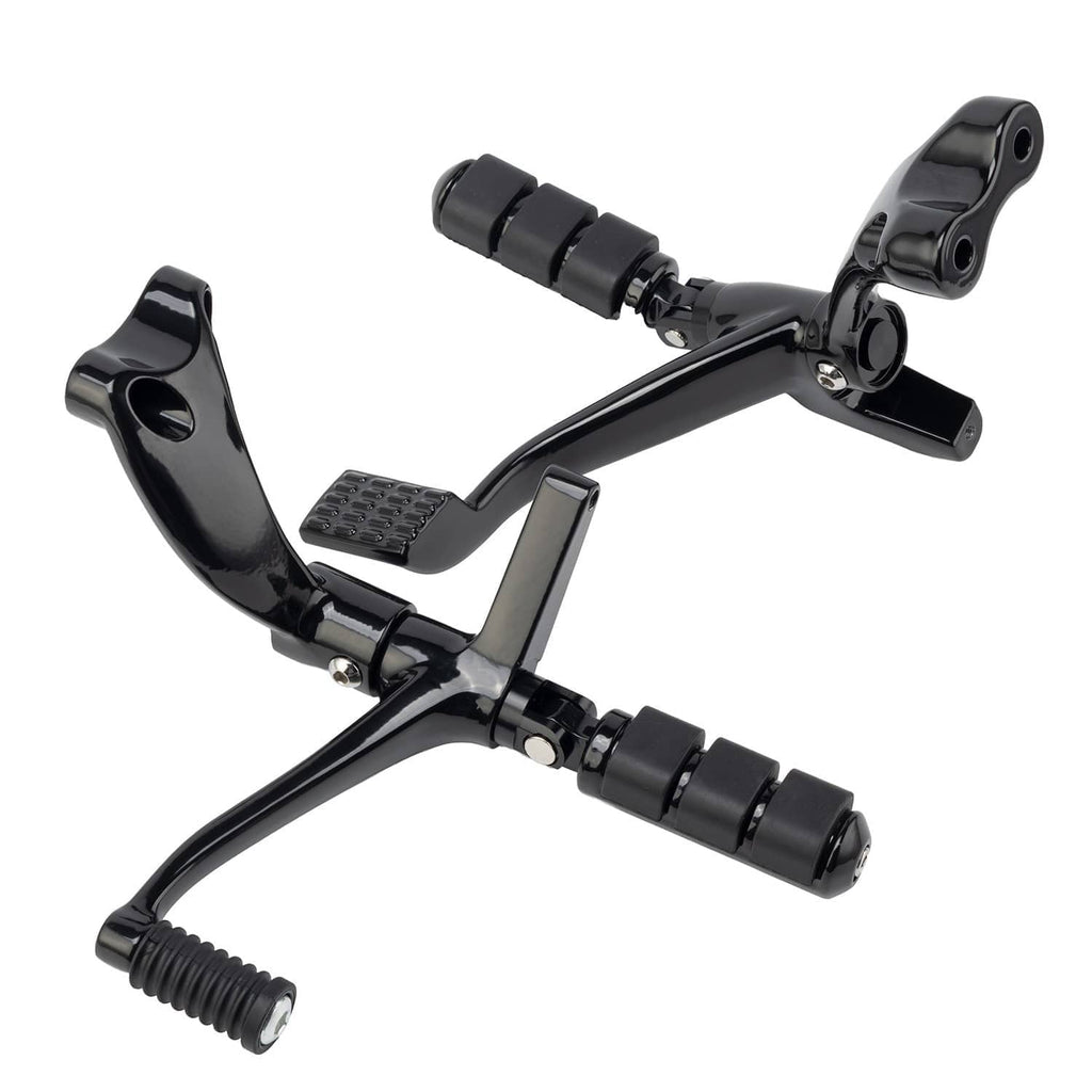 Black forward control footpegs and levers with textured rubber grips