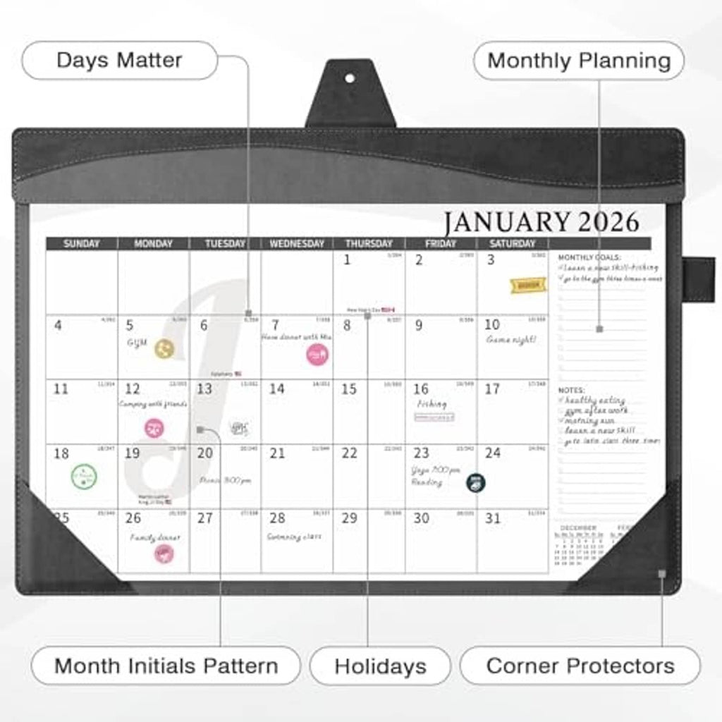 Black and gray leather desk calendar showing monthly planning layout and features