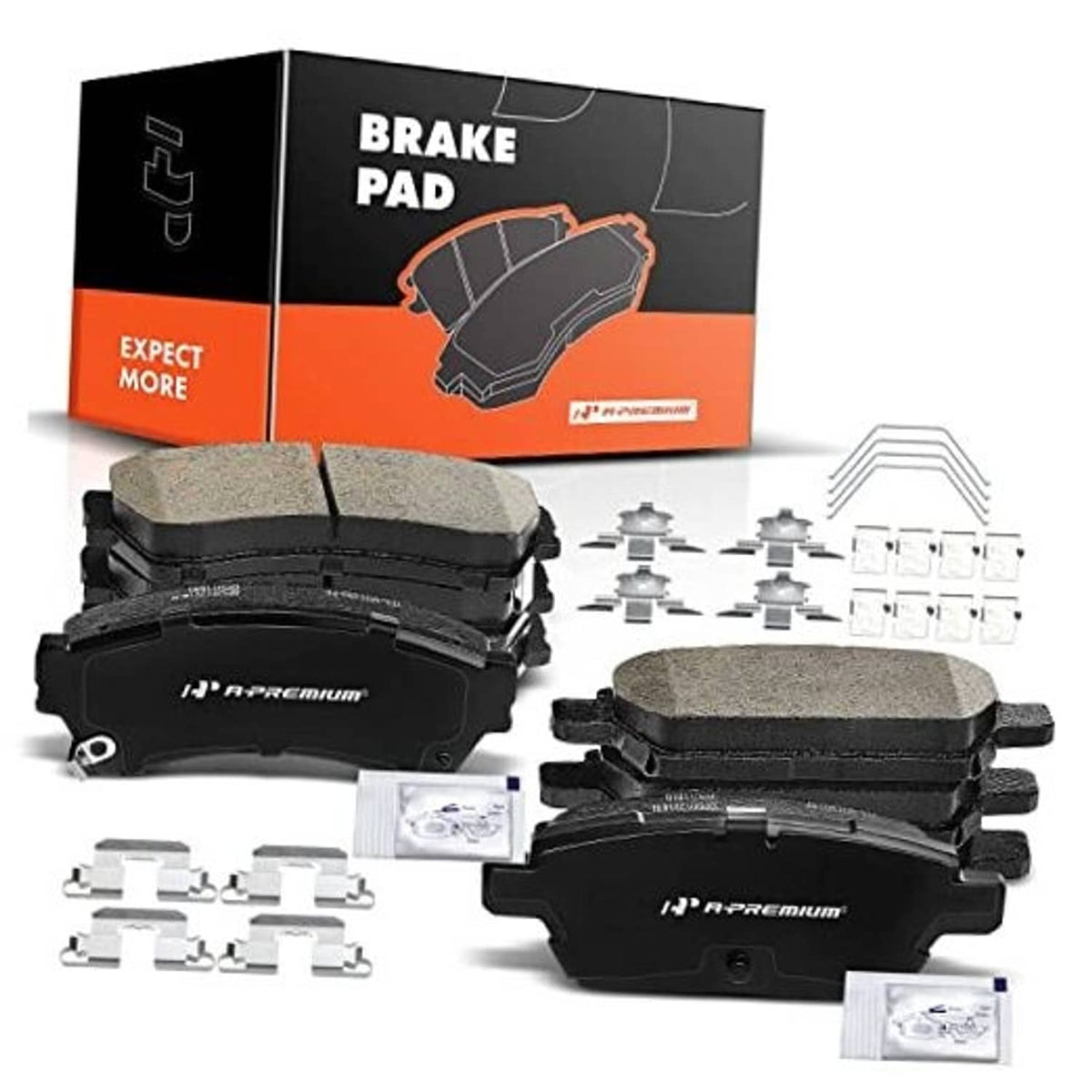 Ceramic brake pad set with front and rear pads, hardware, and installation accessories