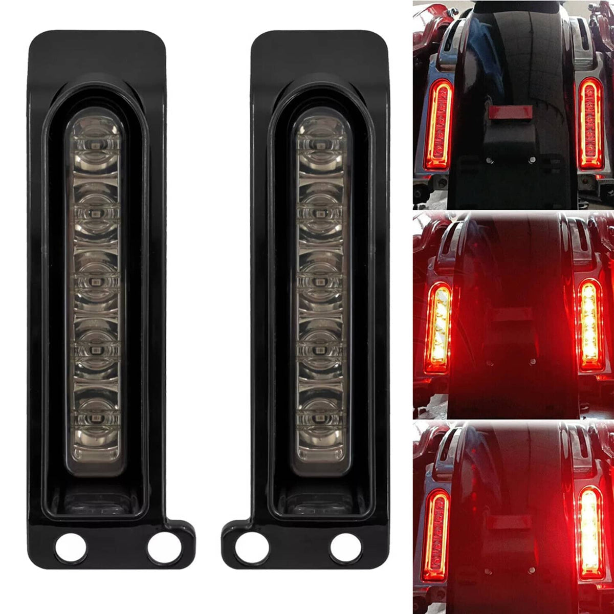 Saddlebag LED filler lights pair shown front view, black frames with clear vertical LED bars