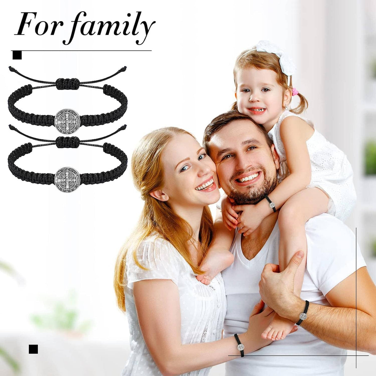Two black braided family bracelets with silver Saint Benedict medal charms, adjustable